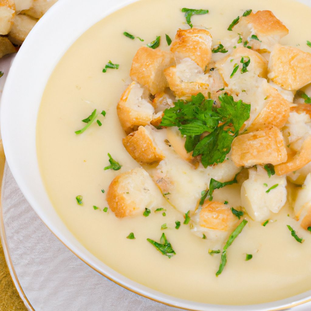 A bowl of creamy potato soup topped with herbs and croutons.