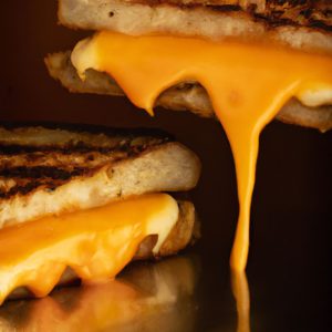 A delicious grilled cheese sandwich cut in half, with melted cheese dripping out of the sides.