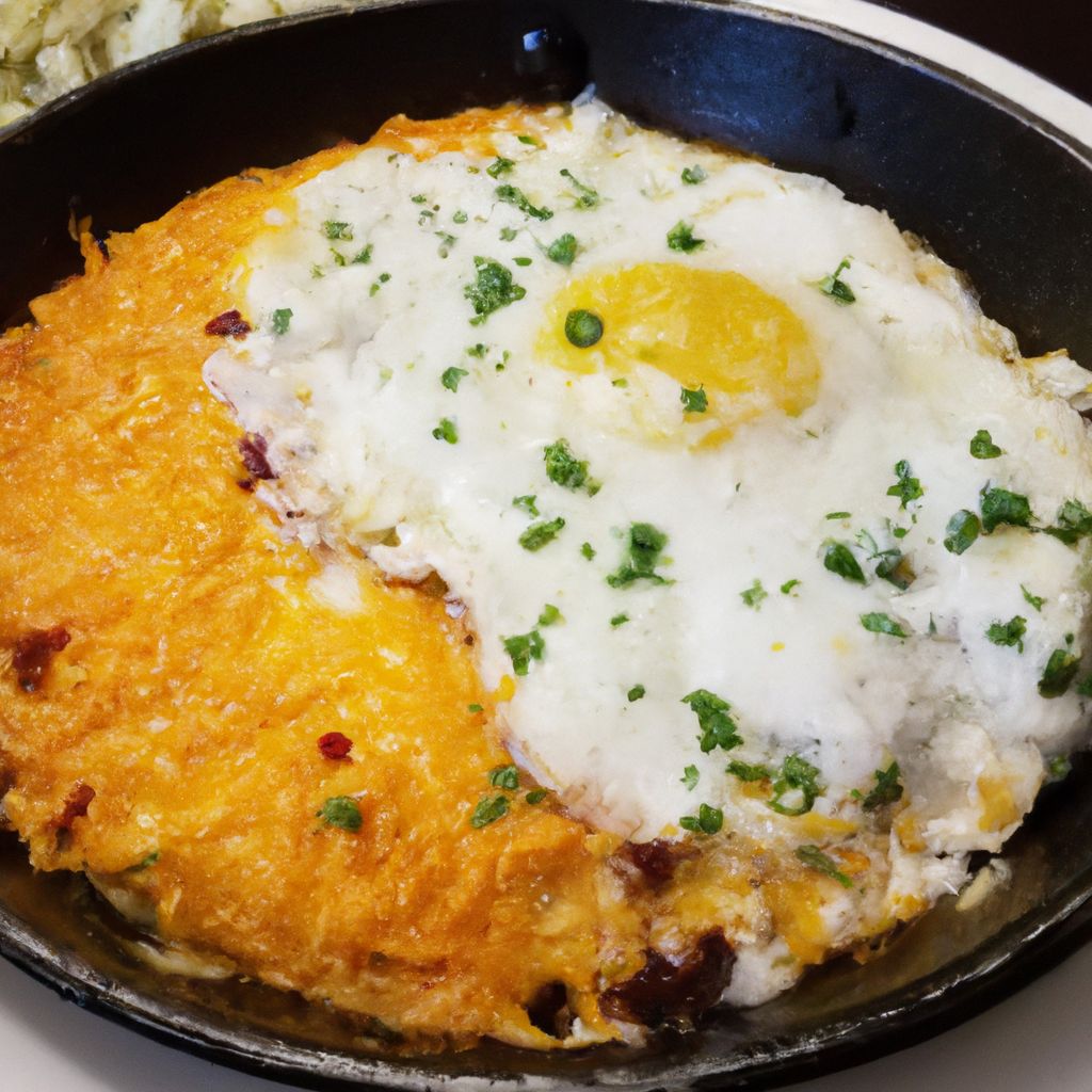 A skillet with a Mexican-style breakfast meal of eggs, cheese, and rice