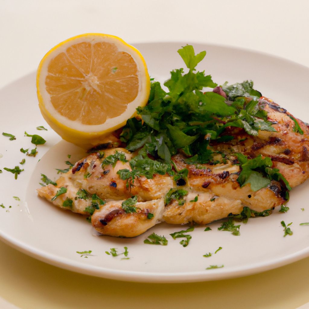 A plate of succulent grilled Italian-style chicken with a lemon wedge and fresh parsley garnish.