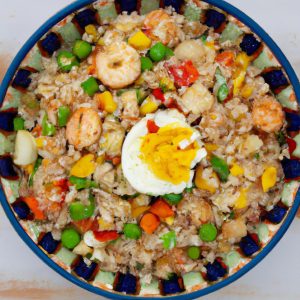 An overhead shot of a colorful bowl of Asian-style fried rice with eggs, vegetables, and shrimp.