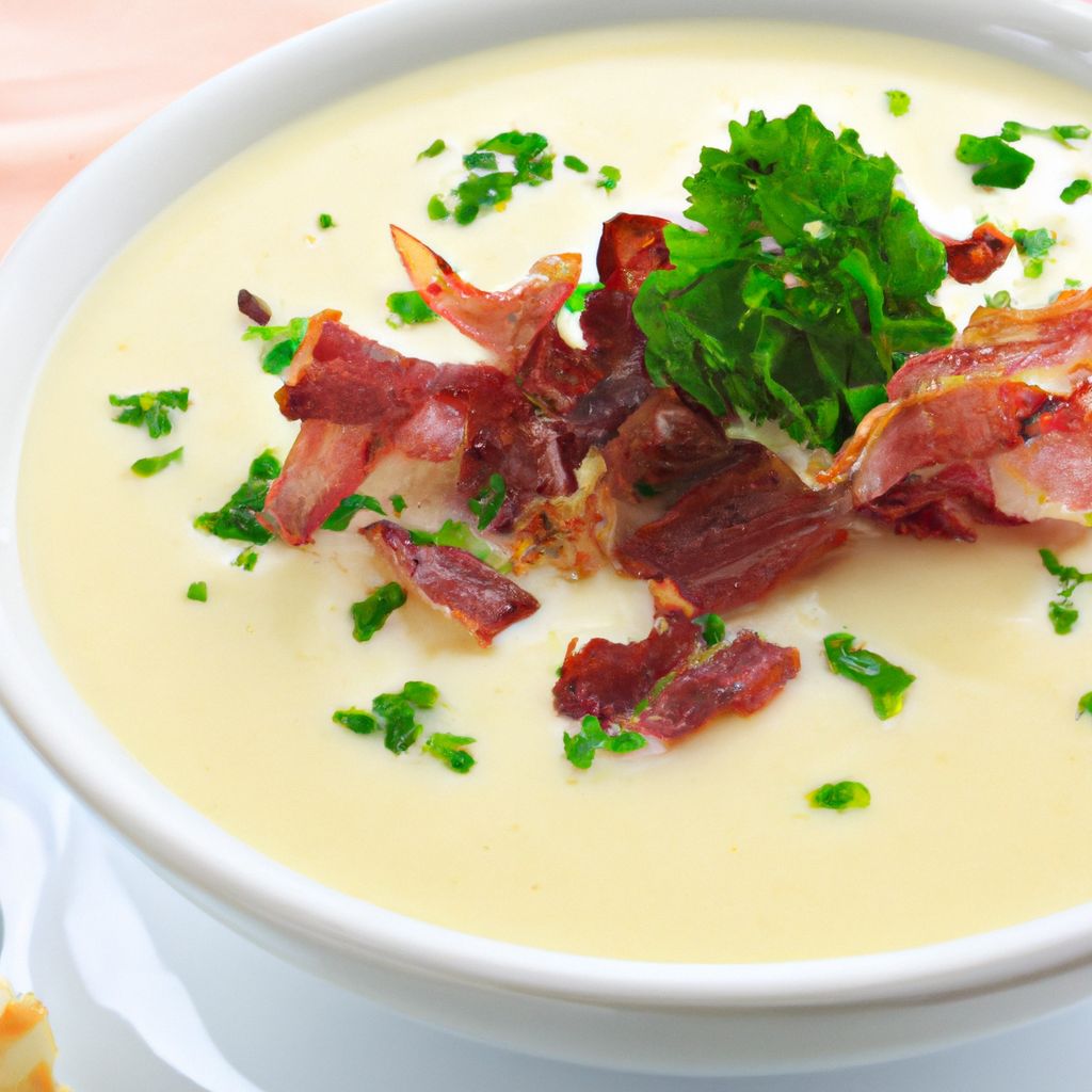 A bowl of creamy potato soup with parsley on top, garnished with a few slices of bacon and a sprinkle of chives.