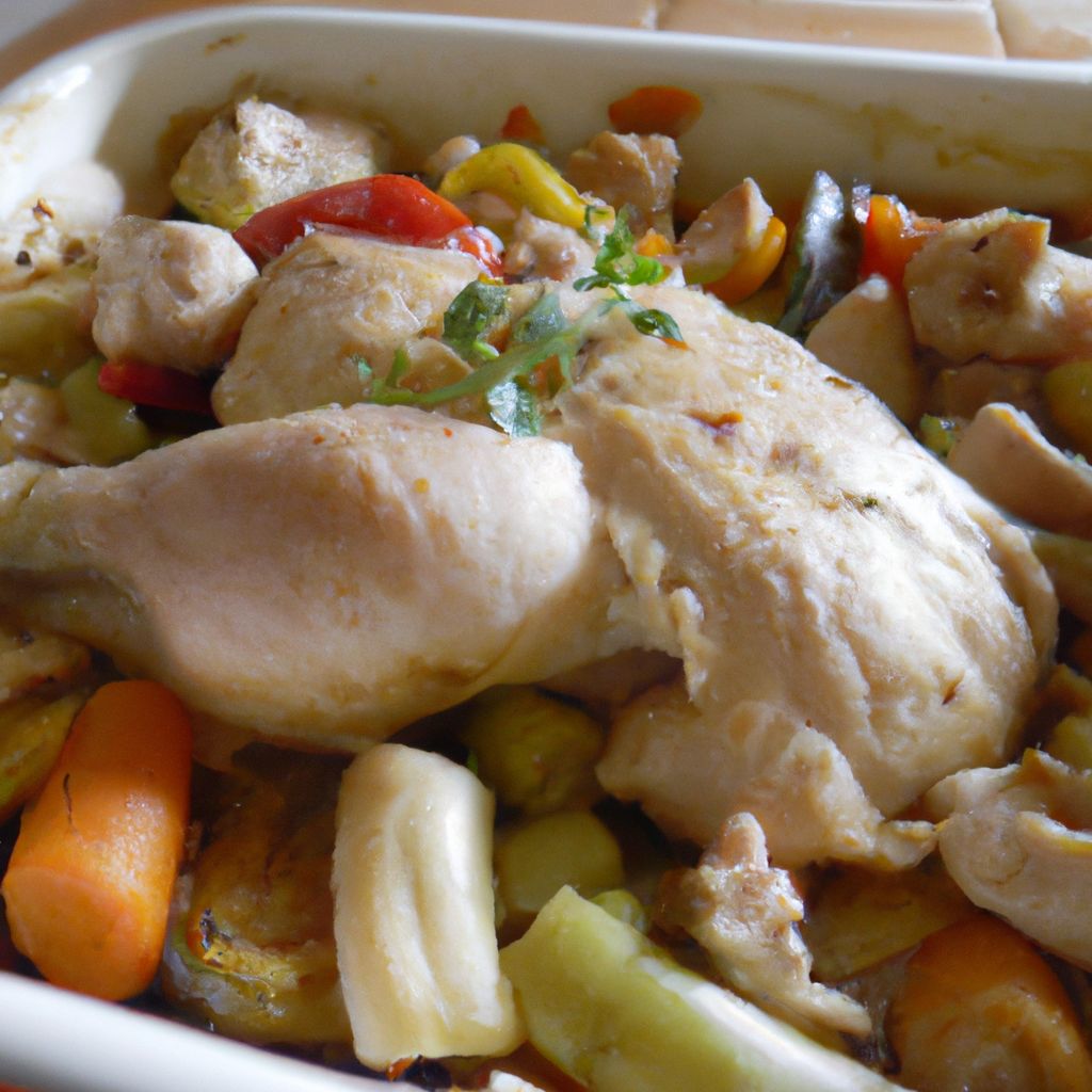 A casserole dish filled with chicken, vegetables, and herbs that has been cooked in the oven.