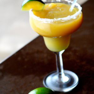 A glass of Mexican Mango Margarita with a lime wedge and a mango slice on the side