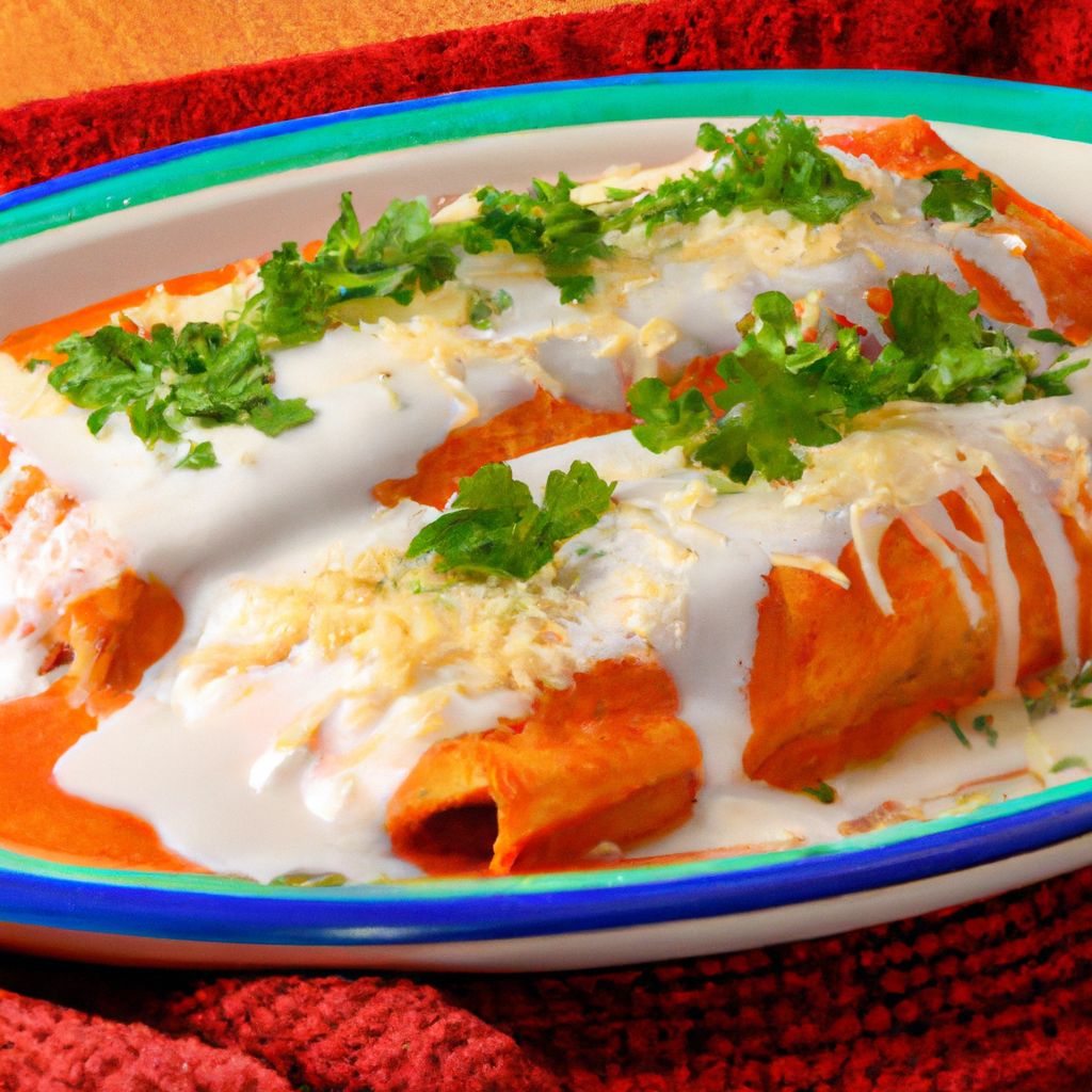 A colorful plate of classic Mexican chicken enchiladas with melted cheese and cilantro on top, ready to be served.