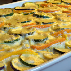 A large baking dish filled with a layer of thinly sliced potatoes, carrots, zucchini, and yellow squash, all topped with a creamy Parmesan cheese sauce.