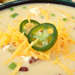 A bowl of creamy Mexican Potato Soup with chunks of potatoes, diced jalapenos, and shredded cheese on top.