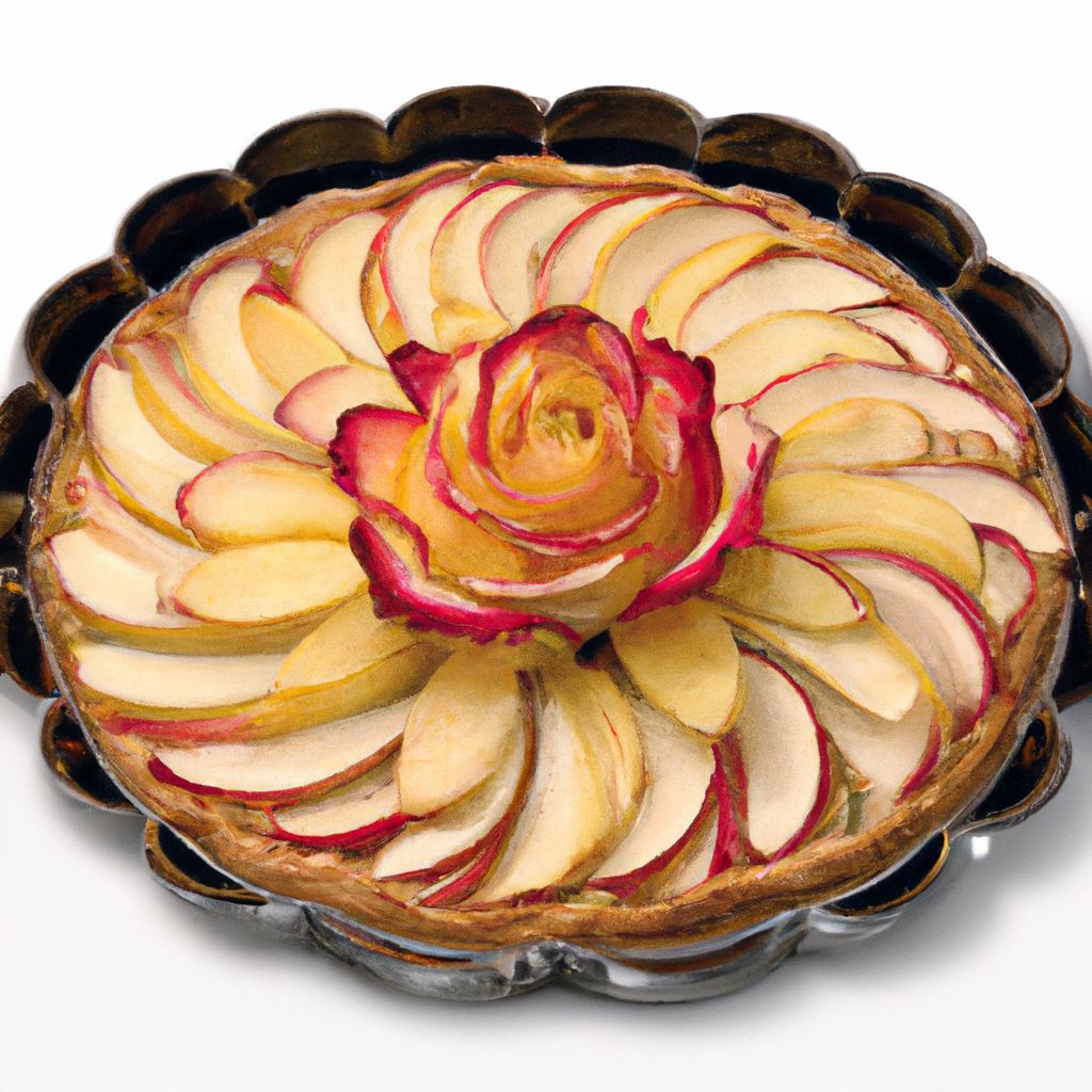 A 9-inch round tart pan filled with a golden, flaky crust and arranged with rose-like apple slices on top.