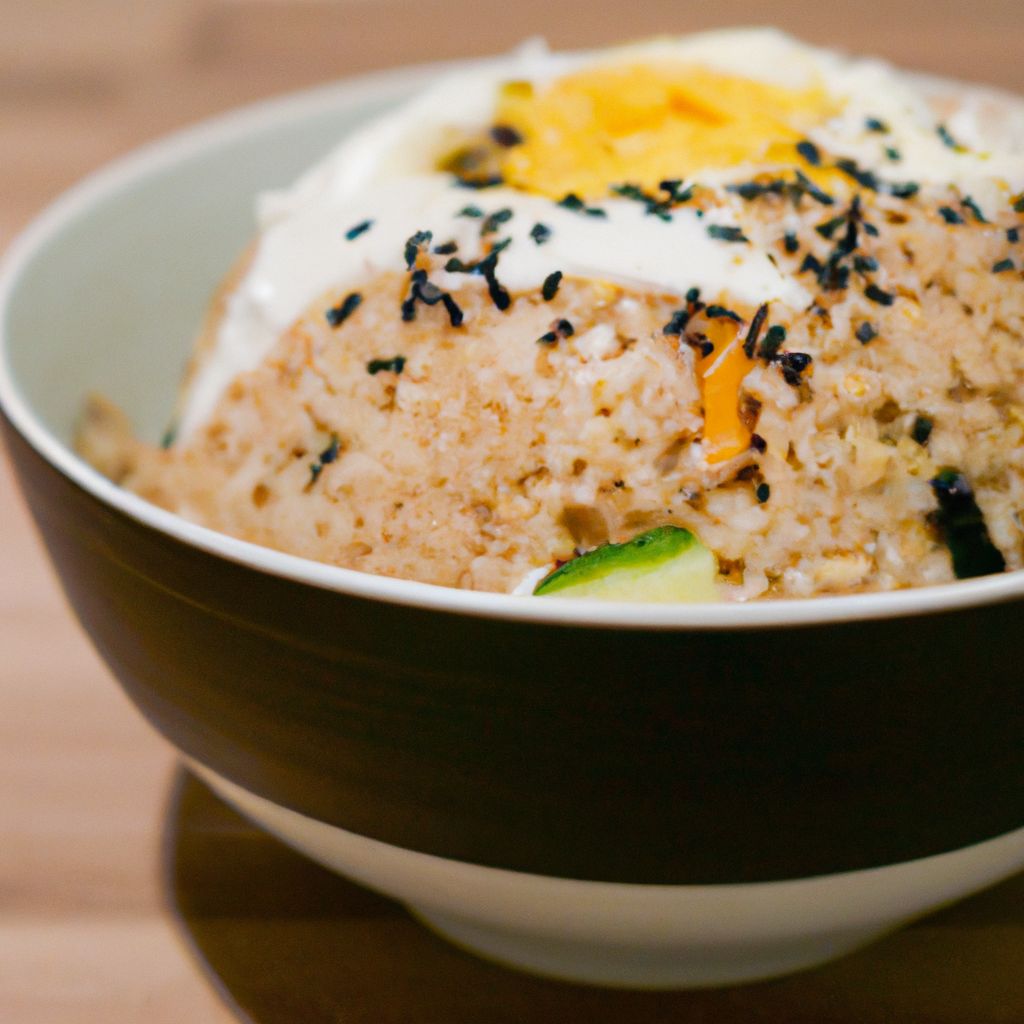 A bowl of steaming Chinese egg fried rice with vegetables and egg, topped with sesame seeds.