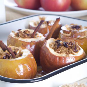 A baking dish filled with Baked Apples with Cinnamon and Pecans - the perfect dessert!