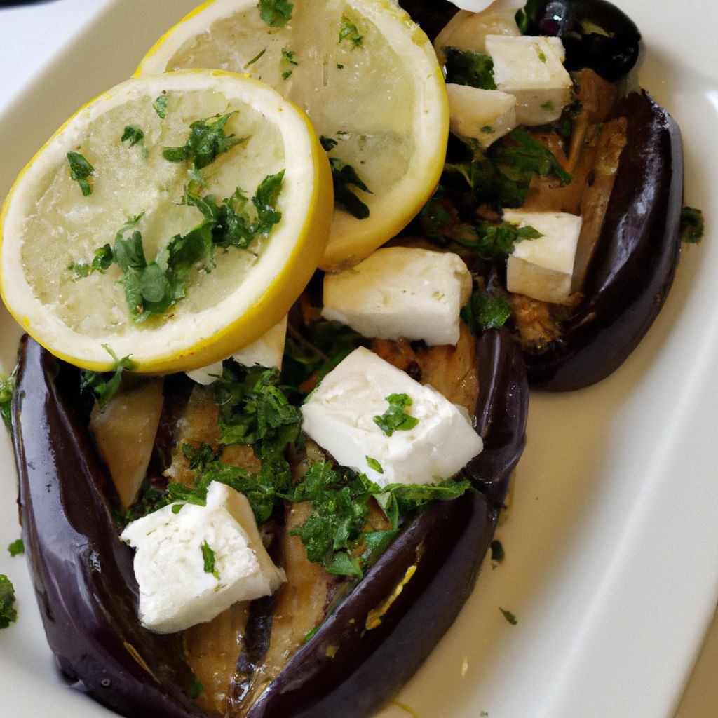 A picture of a plate of grilled eggplant with feta and olives, garnished with parsley and lemon wedges