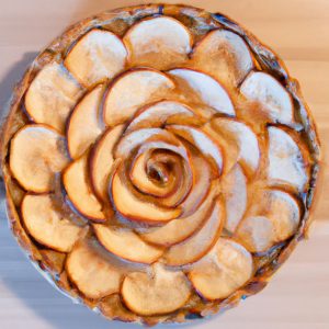An overhead view of a cooked, golden brown, Mediterranean Apple Rose Tart. The tart is decorated with overlapping apple slices that form a rose pattern.