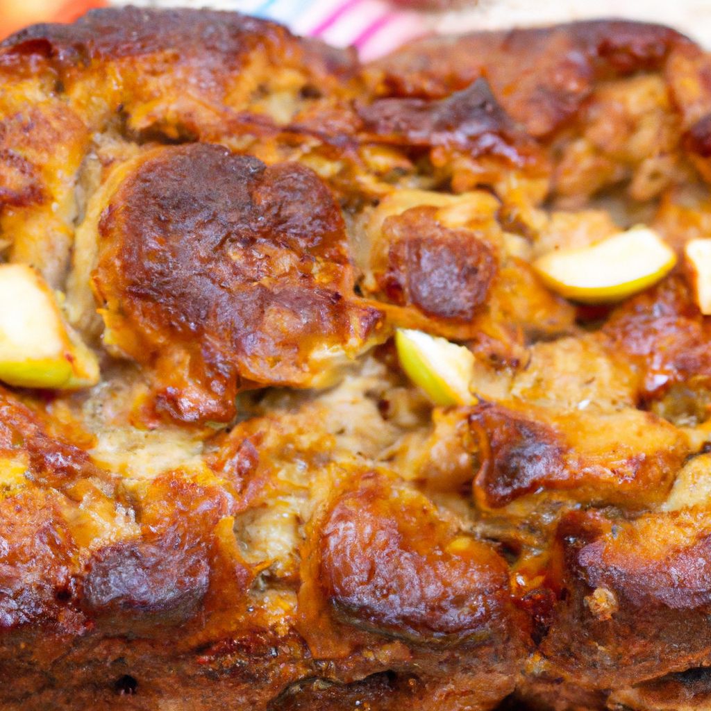 Close up of a loaf of freshly-baked Italian apple fritter bread with a golden-brown crust and caramelized apples on top.