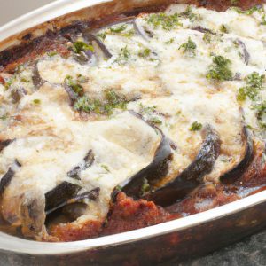 A large baking dish filled with layers of eggplant slices, marinara sauce, cheese, and herbs