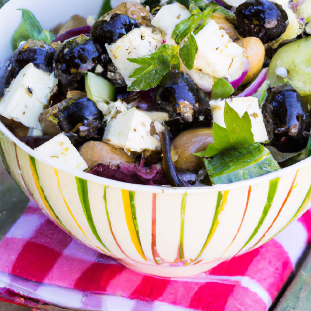Image of a large bowl of French Salad with feta and olives, garnished with herbs