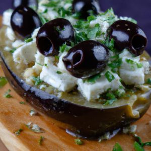 A close-up of an eggplant covered with olives, feta cheese, and herbs on a cutting board.