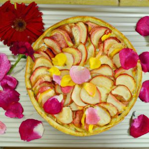 A 9-inch tart pan filled with a golden, flaky crust and topped with juicy, sweet apple rose petals.
