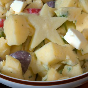 A close-up of a bowl of homemade potato salad with red potatoes, celery, and eggs.