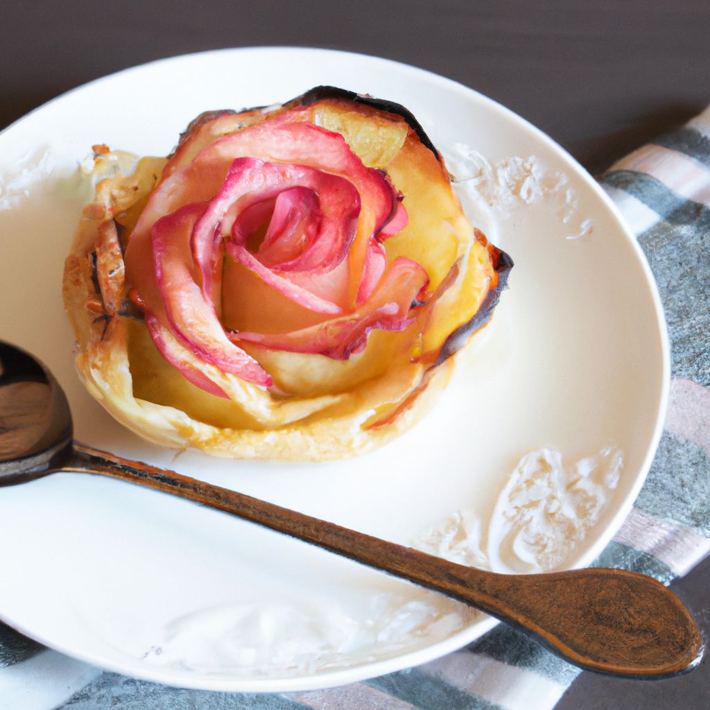 A delicious Apple Rose Tart on a white plate with a spoon and a napkin.
