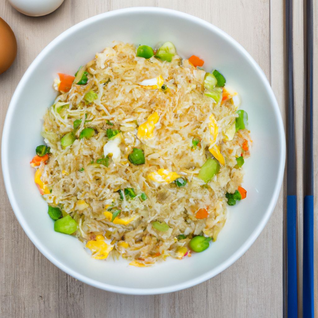 A bowl of freshly cooked Chinese egg fried rice, with a spoon, served with a side of vegetables.