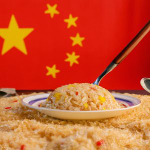 A bowl of Chinese Egg Fried Rice with a spoon and Chinese flag in the background