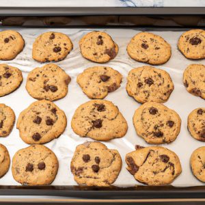 A cookie sheet with a dozen freshly-baked Mexican Chocolate Chip Cookies