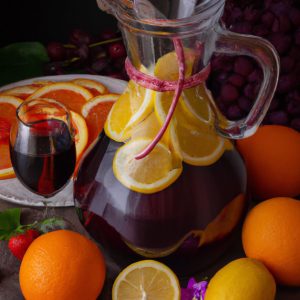 A bottle of red wine and a pitcher of sangria with lemons, oranges, and berries