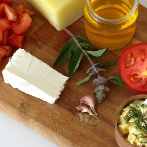 A wooden cutting board with freshly cut ingredients for a frittata, including tomatoes, feta cheese, herbs and olive oil.