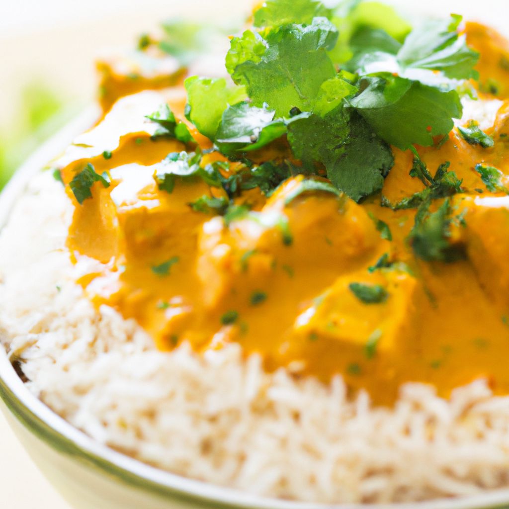 A bowl of flavorful Indian chicken curry served over a bed of white rice and garnished with fresh herbs.