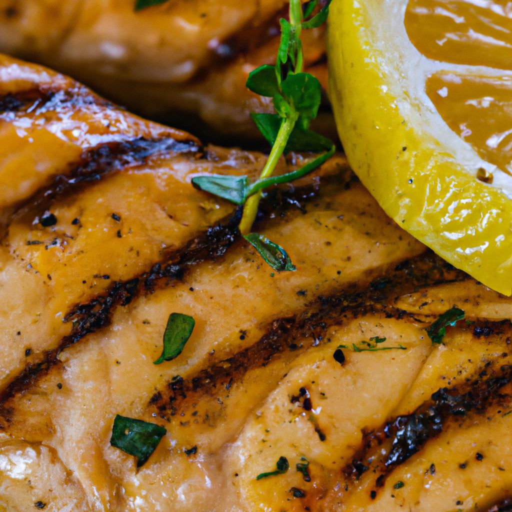 A closeup of a golden-brown grilled Italian chicken breast, freshly cooked and garnished with herbs and lemon slices