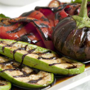 A close-up shot of a plate of grilled eggplants with balsamic reduction served with a side of roasted vegetables.
