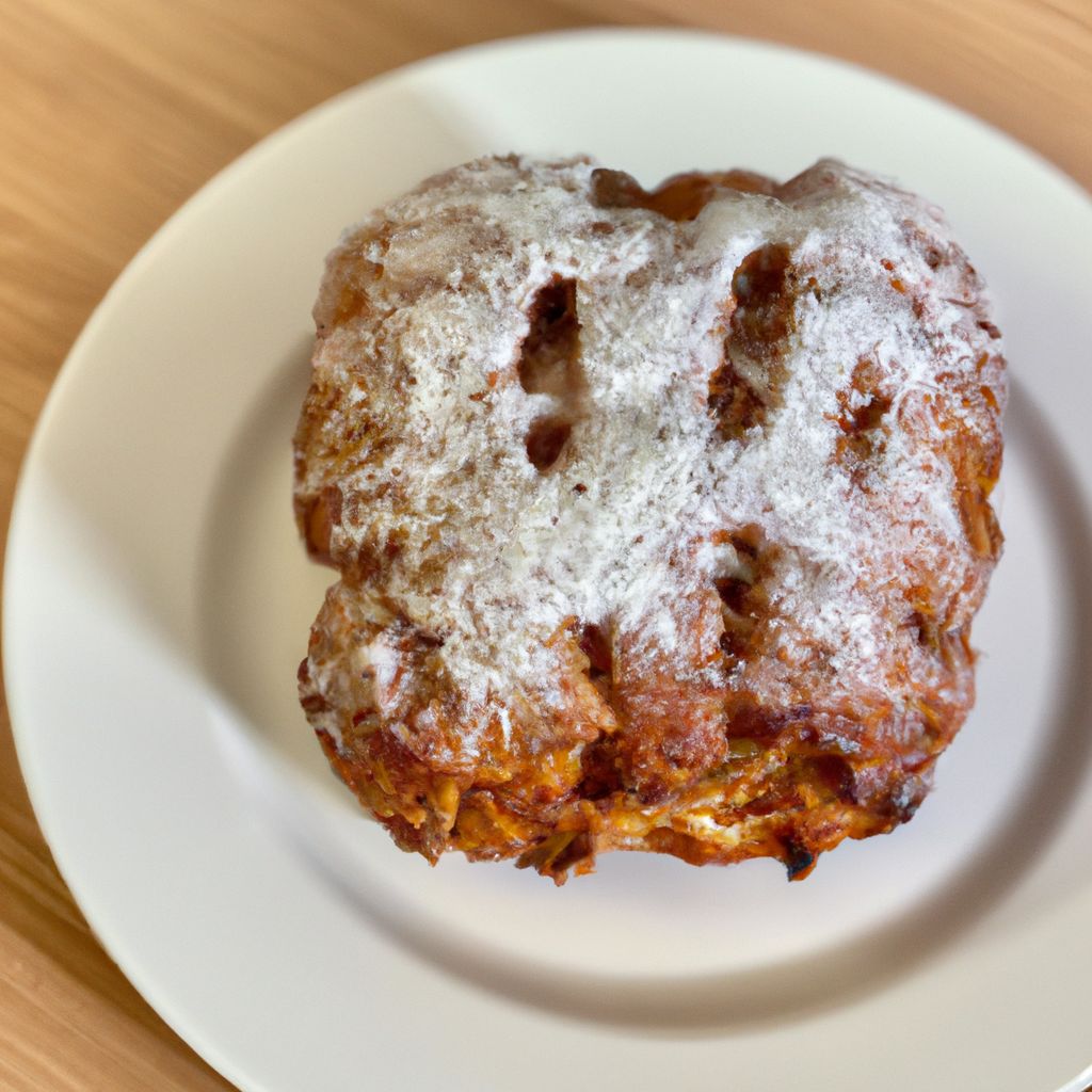 A freshly-baked, golden-brown loaf of apple fritter bread sitting on a white plate with a sprinkling of powdered sugar on top.