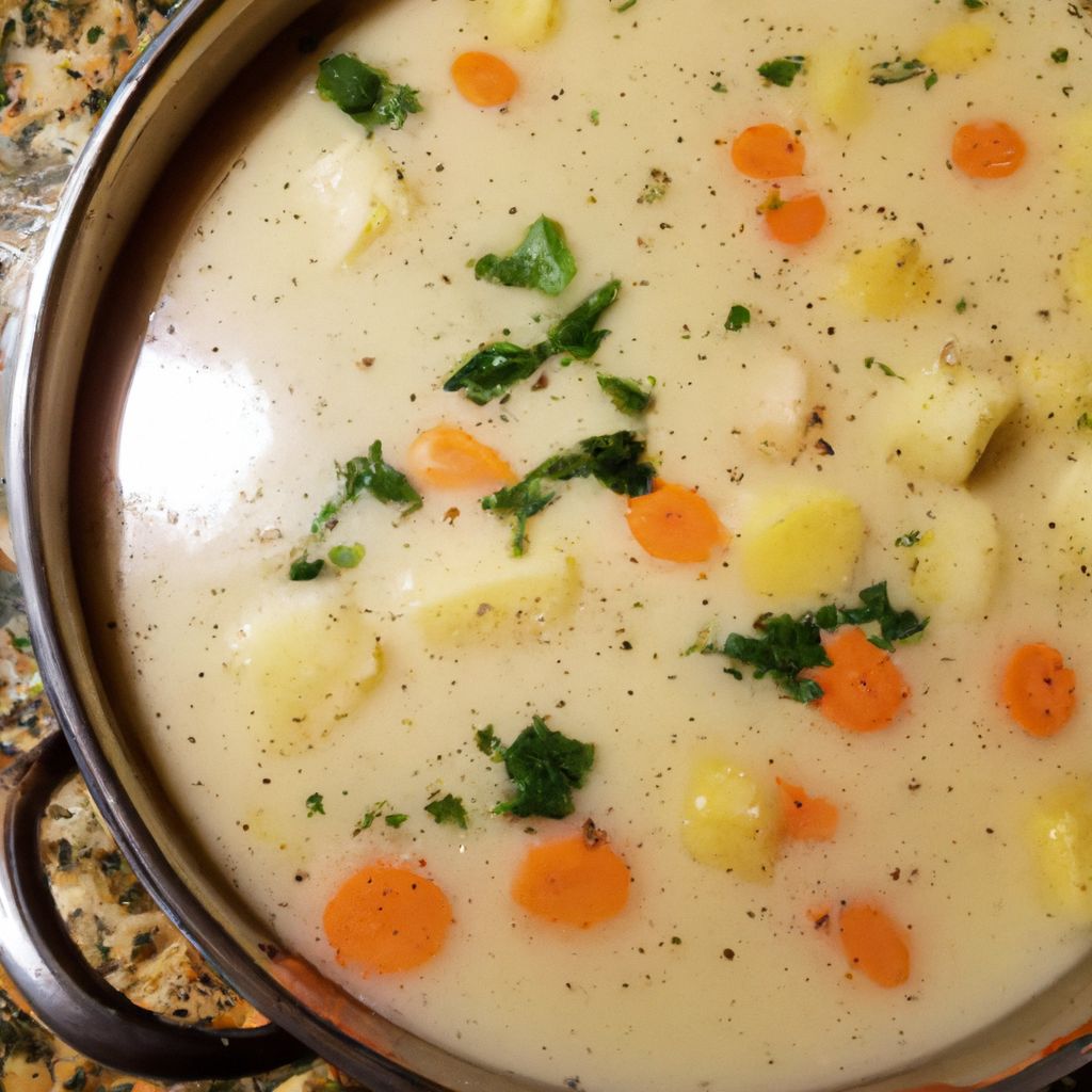 A large pot full of creamy potato soup with potatoes, carrots, celery, and herbs.