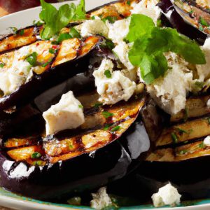 A platter of freshly grilled eggplant with feta cheese, olives, and herbs.