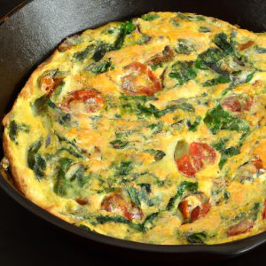 A closeup of a finished Italian Cast Iron Skillet Frittata with spinach, onion, tomato, and cheese.