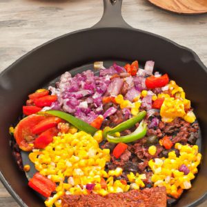 A cast iron skillet filled with colorful Mexican ingredients