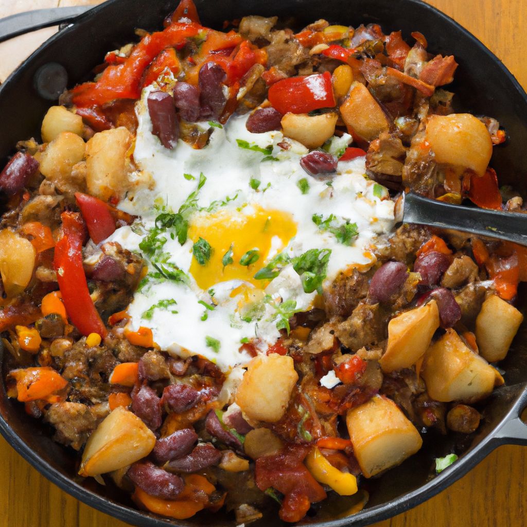 A cast iron skillet filled with a Mexican-style breakfast hash, with potatoes, beans, peppers and eggs.