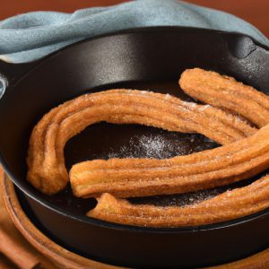 Image of a cast iron skillet filled with freshly made churros covered in cinnamon and sugar.