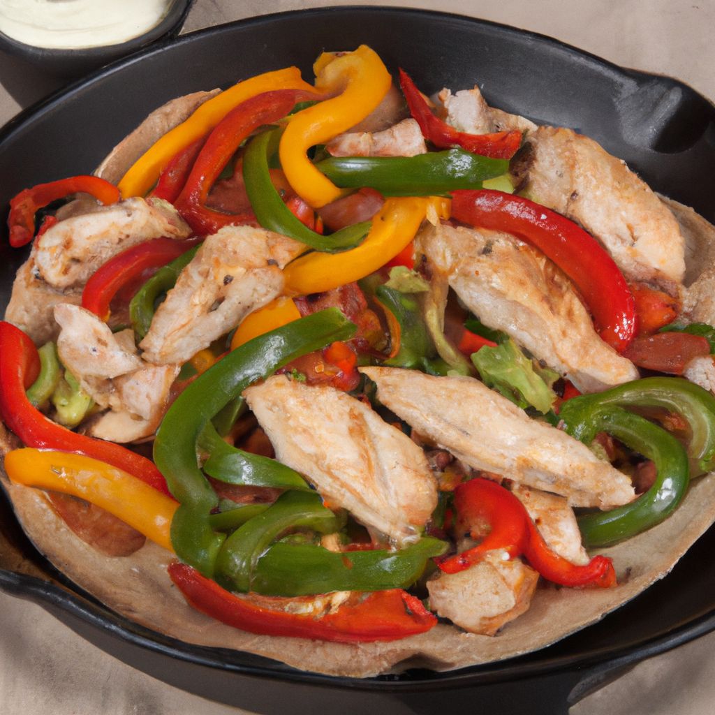A cast iron skillet filled with colorful chicken and bell pepper fajitas with a side of sour cream and guacamole.