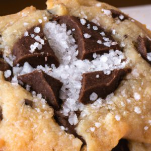 A close up photo of a freshly baked Mexican Chocolate Chip Cookie with a sprinkle of sea salt on top.