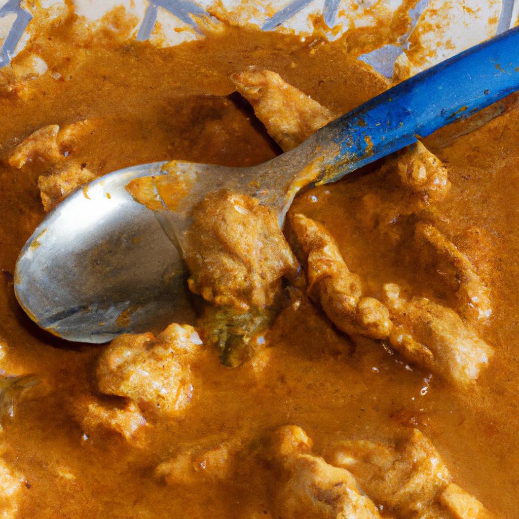 A close-up of a plate of Indian Chicken Curry with a spoon in it, ready to eat.