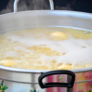 A large pot of steaming Chinese egg drop soup.