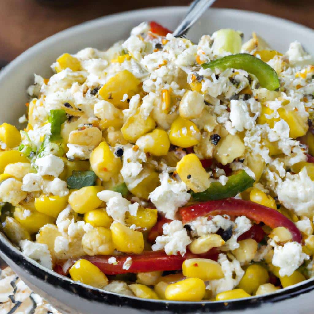 A bowl of Mexican street corn salad, with fresh corn and bell peppers, topped with roasted pepitas and cotija cheese.