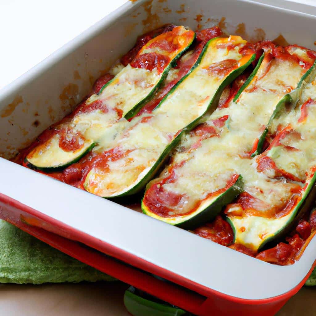 A baking dish filled with zucchini slices covered with tomato sauce and cheese.