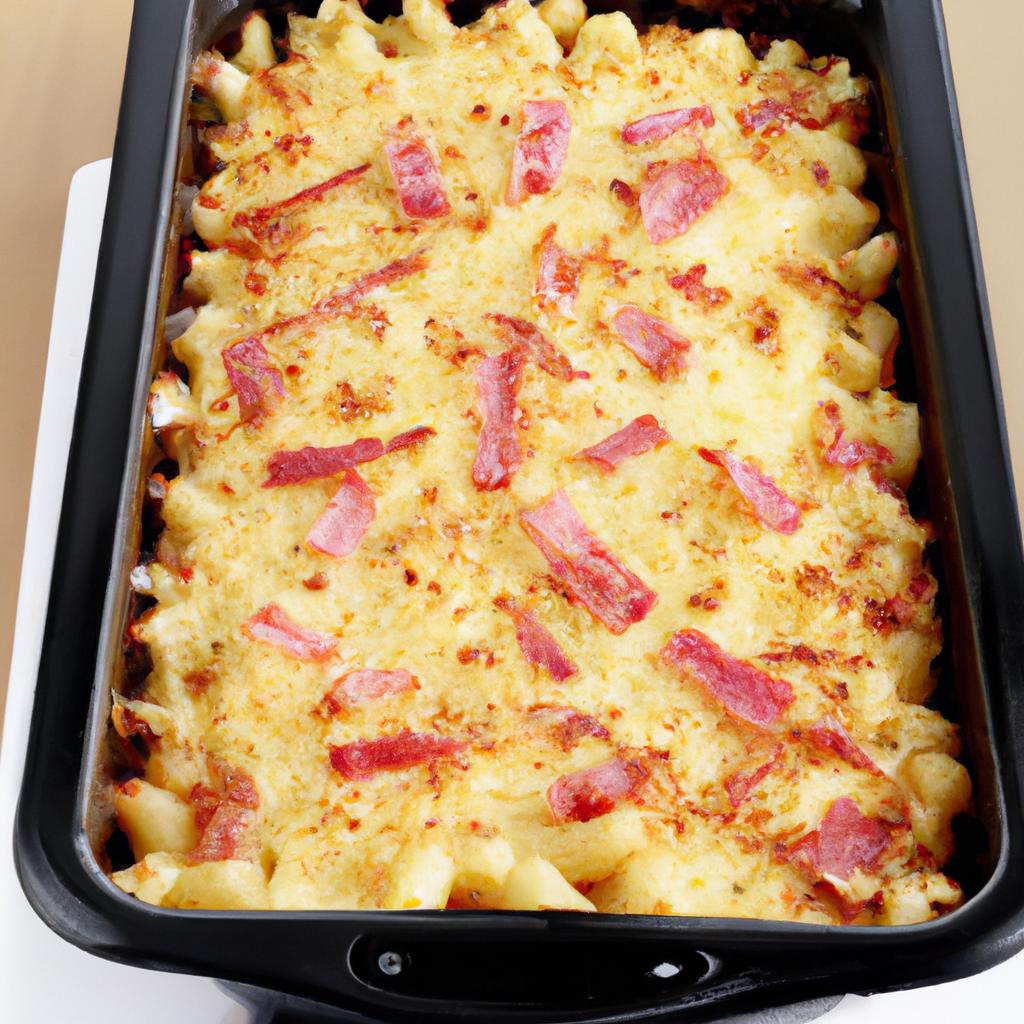 A 9x13 inch baking pan filled with a cheesy macaroni casserole topped with crunchy Parma ham.
