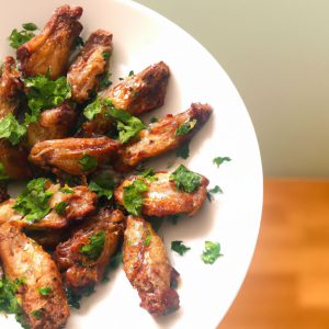 A plate of freshly cooked, crunchy and delicious oven-baked chicken wings with a sprinkle of parsley on top.