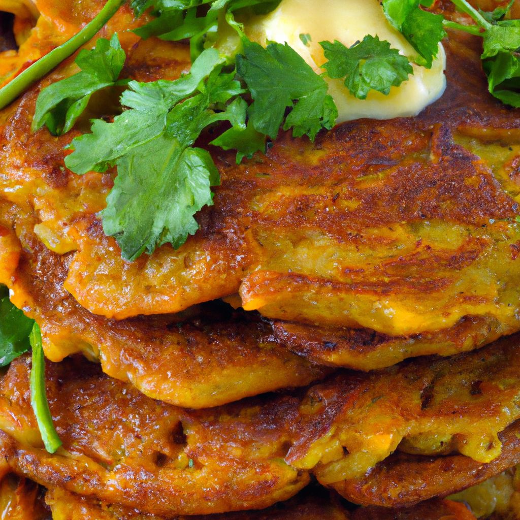 Close up image of a stack of golden brown sweet potato pancakes with a spoonful of melted butter and a sprinkle of chopped parsley.