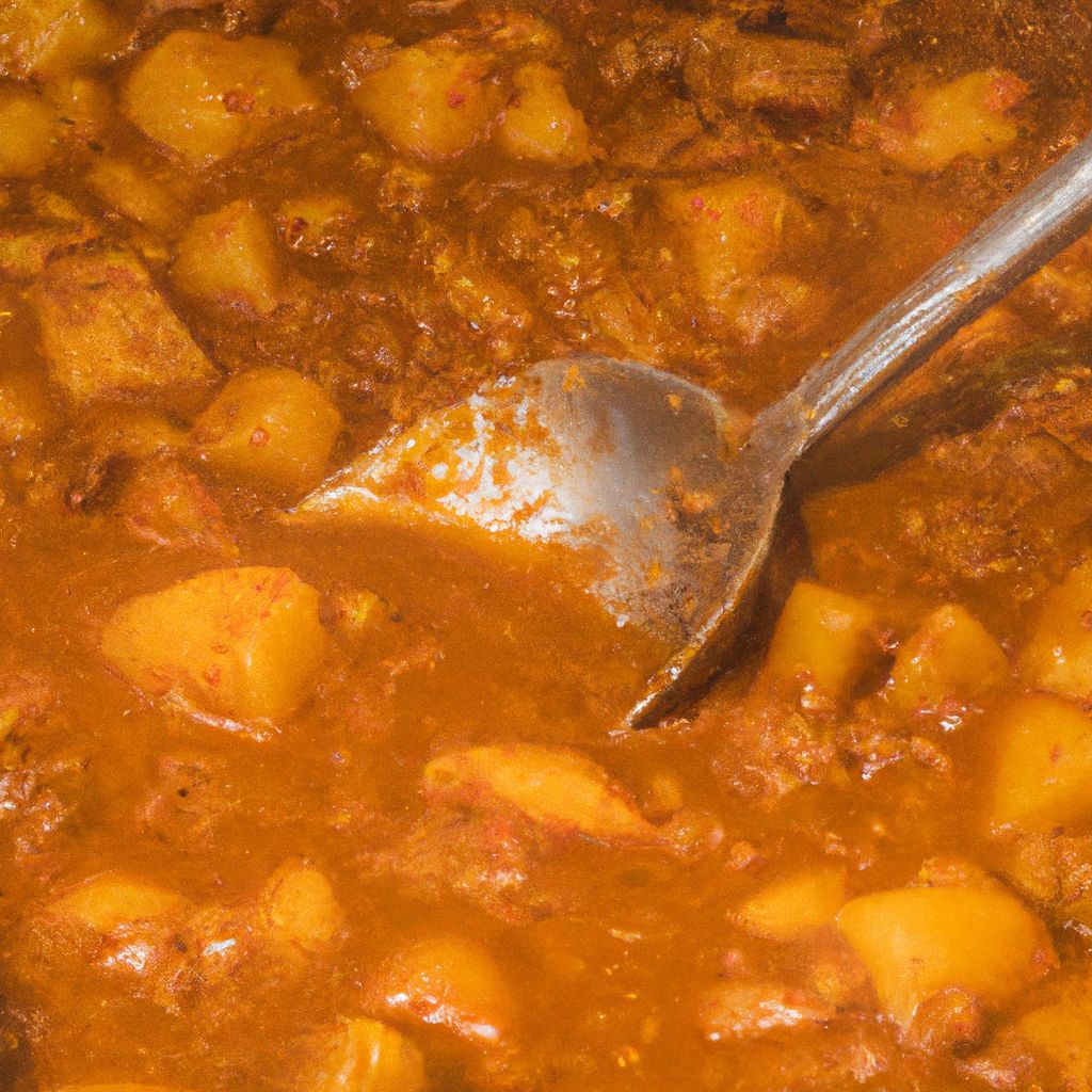 A large pot of bubbling and aromatic Spicy Indian Potato Curry with a serving spoon in it.