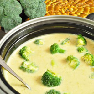 A large pot of creamy broccoli and potato soup with green broccoli florets, yellow potatoes, and white cream.