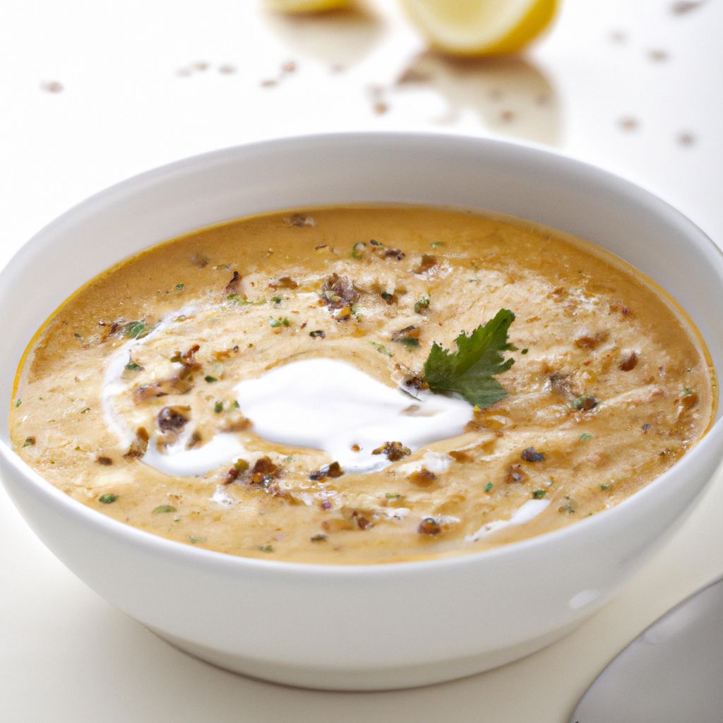 A bowl of freshly made spiced lentil soup with a swirl of cream and a sprinkle of herbs